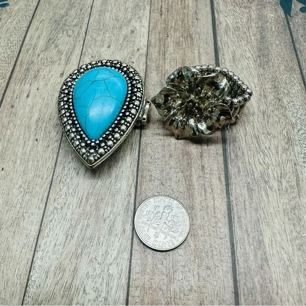 Silver Turquoise And Flower Stretch Rings B1